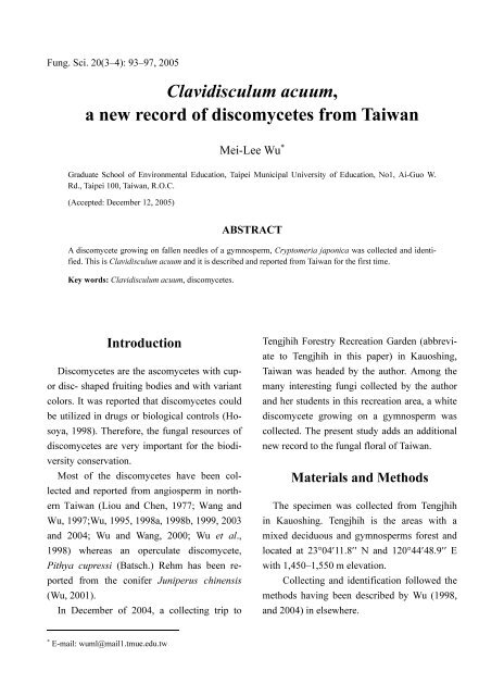 Clavidisculum Acuum A New Record Of Discomycetes From Taiwan Clavidisculum Acuum A New Record Of Discomycetes From Taiwan