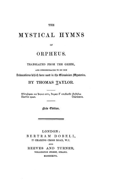 The Mystical Hymns of Orpheus - Platonic Philosophy