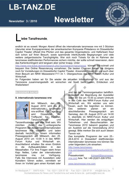 LB-TANZ.DE Newsletter - NRW Landesbuero Tanz