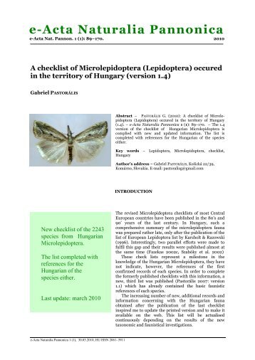 A checklist of Microlepidoptera (Lepidoptera) occured in the - EPA