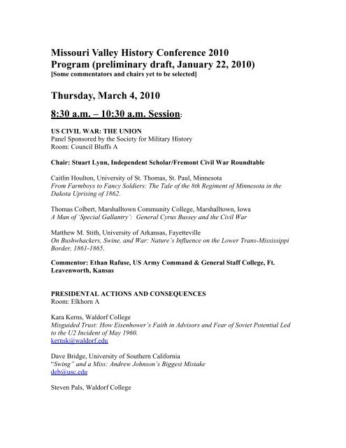 Missouri Valley History Conference 2010 Program (preliminary draft ...