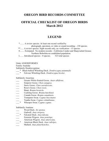 Checklist of Oregon Birds - Oregon Birding Association