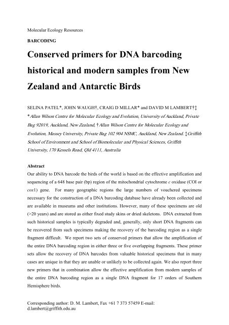 Universal Primers for DNA barcoding of all Avian Species - Griffith ...