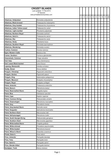 Crozet Islands - Printable Bird Checklists