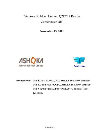 “Ashoka Buildcon Limited Q2FY12 Results Conference Call”