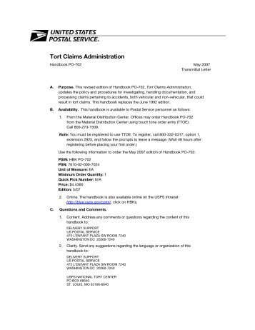 Handbook PO-702 - Tort Claims Administration - APWU
