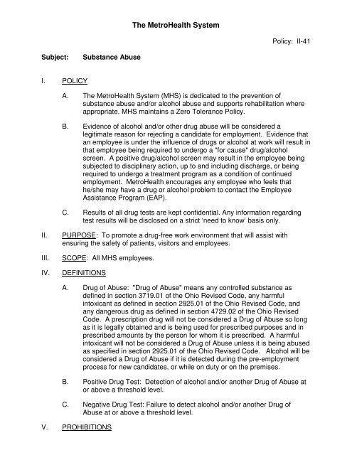 Substance Abuse Policy II-41 - The MetroHealth System