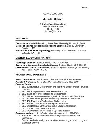 Julia B. Stoner Curriculum Vita - Special Education - Illinois State ...