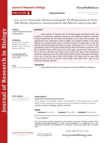 Acute toxicity of insecticide, Diazinon and fungicide, Tilt ...
