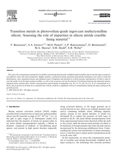 Transition metals in photovoltaic-grade ingot-cast multicrystalline ...