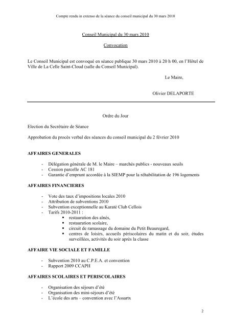 Compte-rendu in extenso du Conseil municipal du - La Celle Saint ...