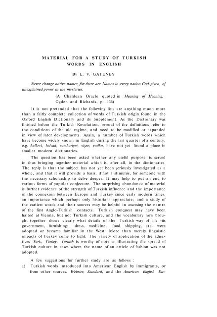 MATERIAL FOR A STUDY OF TURKISH WORDS IN ENGLISH By ...