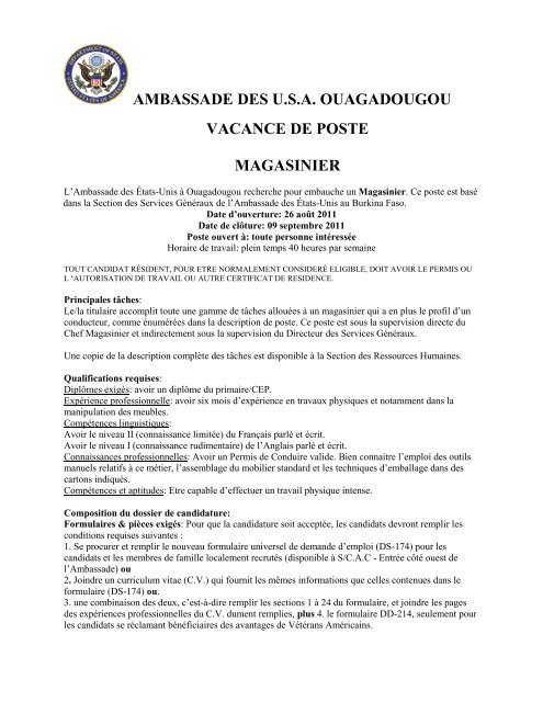 ambassade des usa ouagadougou vacance de poste magasinier