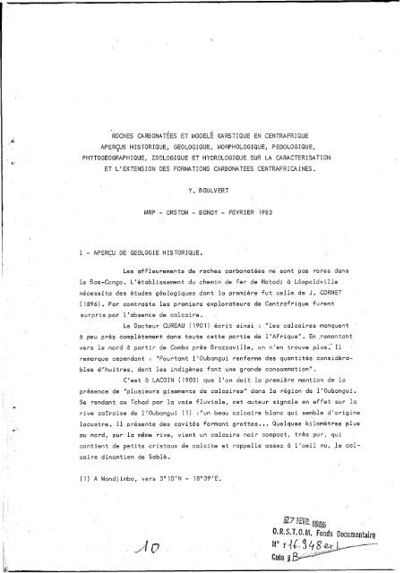 Roches carbonatées et modelé karstique en Centrafrique ... - IRD