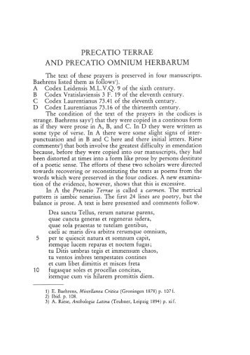 PRECATIO TERRAE AND PRECATIO OMNIUM HERBARUM