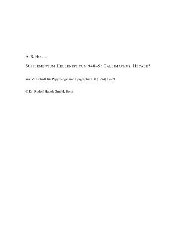 A. S. HOLLIS SUPPLEMENTUM HELLENISTICUM 948–9: CALLIMACHUS, HECALE?