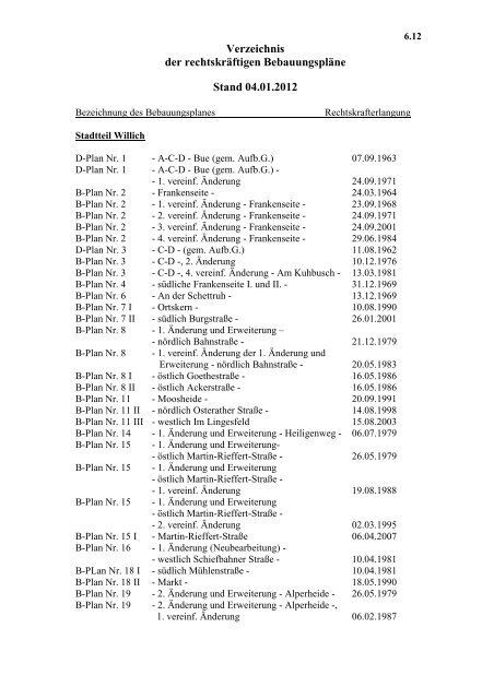 612 Verzeichnis der rechtskräftigen Bebauungspläne - Stadt Willich