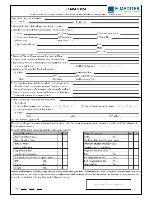 CLAIM FORM - E-Meditek TPA