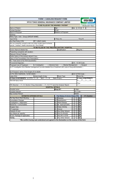 Cashless Request Form Iffco Tokio General Insurance