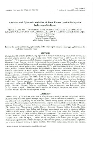 Antiviral and Cytotoxic Activities of Som.e Plants Used in Malaysian ...