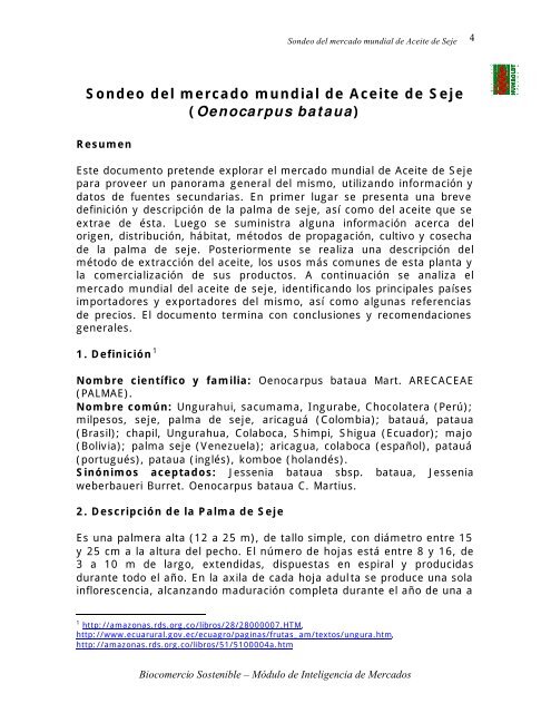 Sondeo del mercado mundial de Aceite de Seje (Oenocarpus bataua)