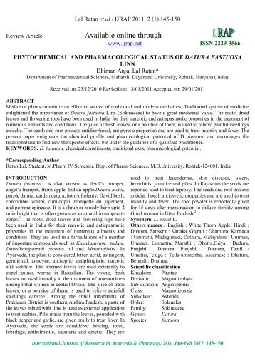 phytochemical and pharmacological status of datura fastuosa linn