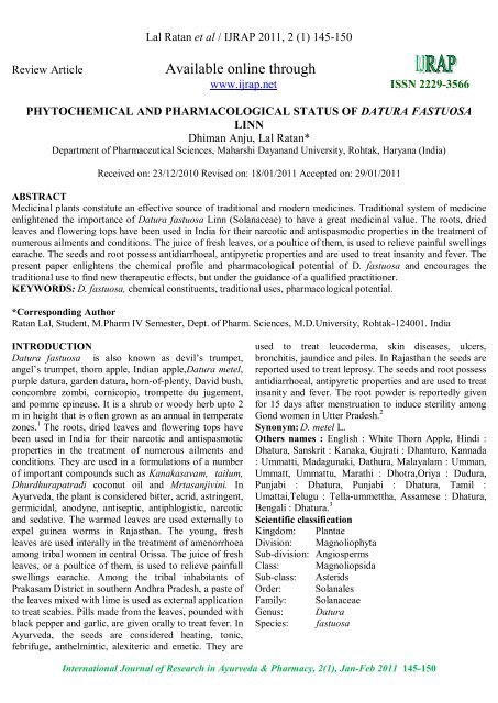 phytochemical and pharmacological status of datura fastuosa linn