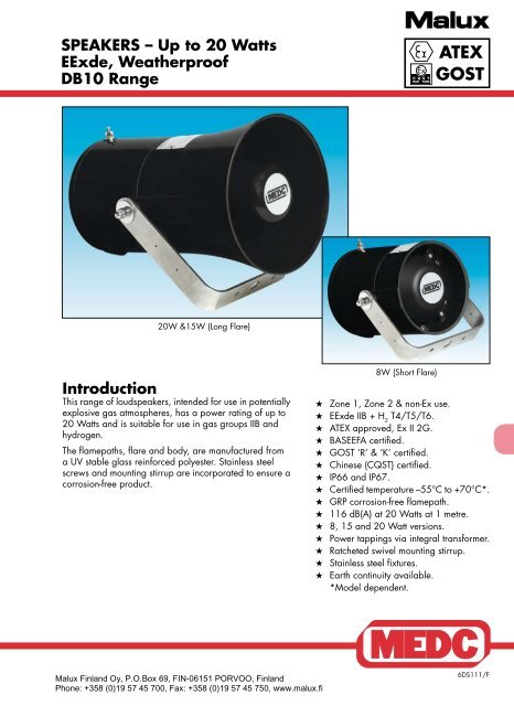 DB10 explosionproof horn loudspeaker for ... - Malux Finland Oy
