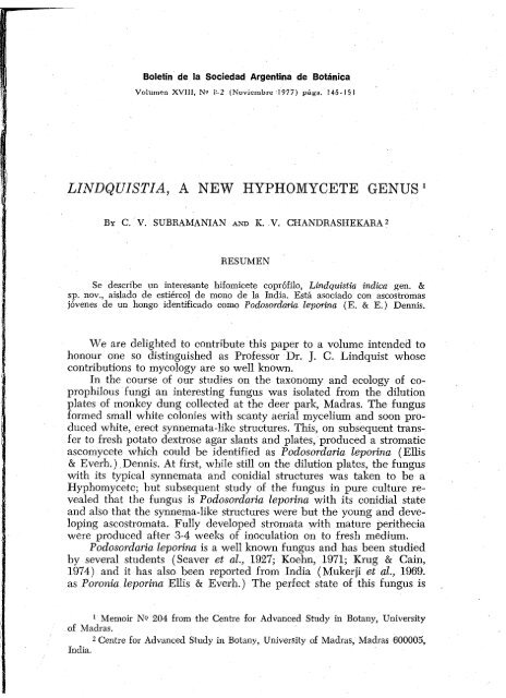 LINDQUISTIA, A NEW HYPHOMYCETE GENUS1 - ASCOfrance