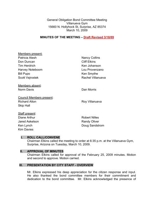 General Obligation Bond Committee Meeting 3-10-09 - City of Surprise