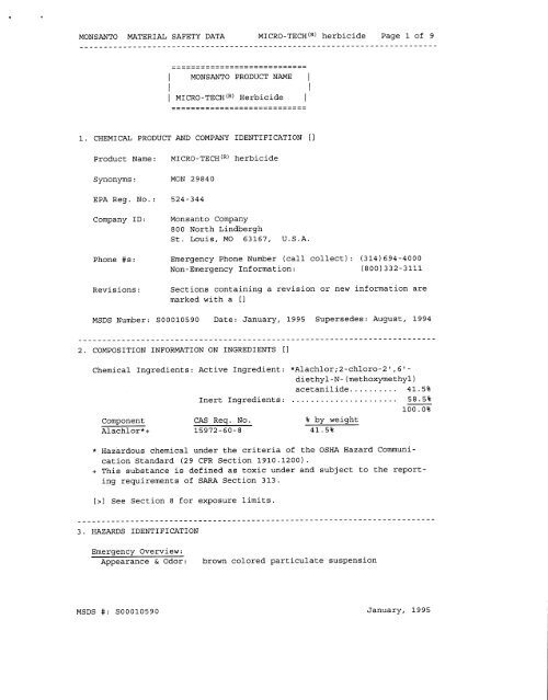 MONSANTO MATERIAL SAFETY DATA MICRO—TECH““ herbicide ...