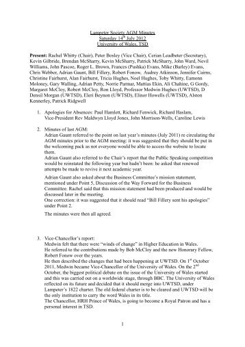 Lampeter Society AGM Minutes | 14 July 2012 (pdf - University of ...