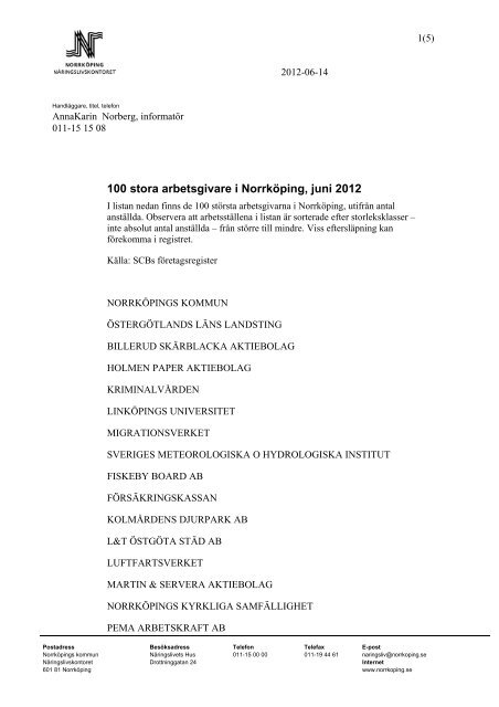 De 100 största arbetsgivarna i Norrköping - Norrköpings kommun