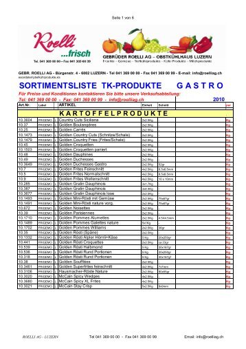 SORTIMENTSLISTE TK-PRODUKTE GASTRO - Gebrueder Roelli AG