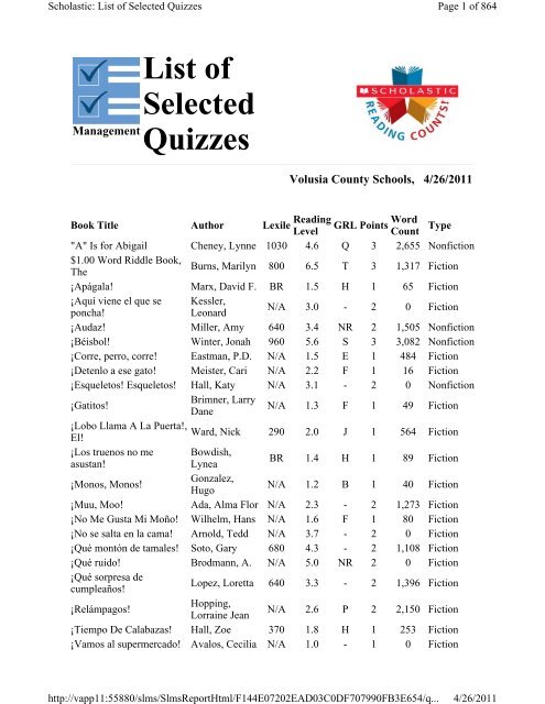 Reading Counts Quiz List A-J 2011.pdf - Volusia County Schools