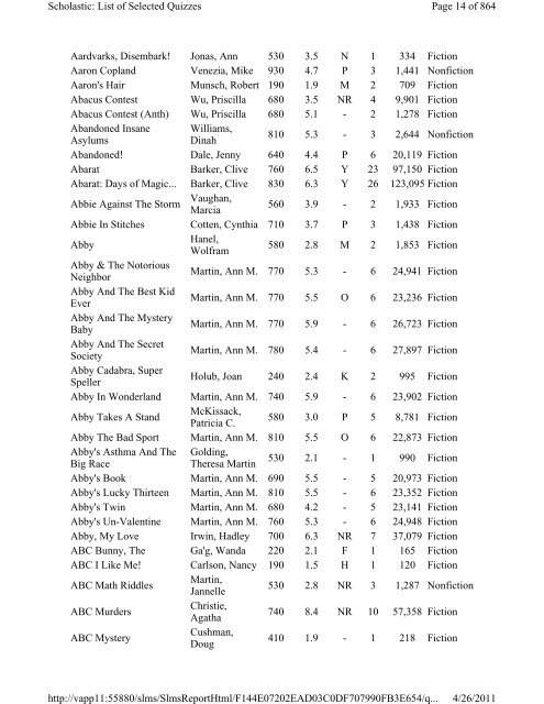 Reading Counts Quiz List A-J 2011.pdf - Volusia County Schools