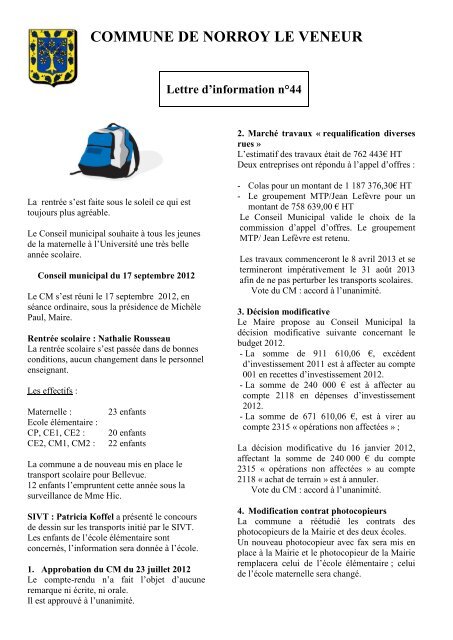 Lettre d'information n°44 - 17 septembre 2012 - Norroy le Veneur