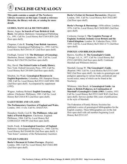 English Genealogy Newberry Library