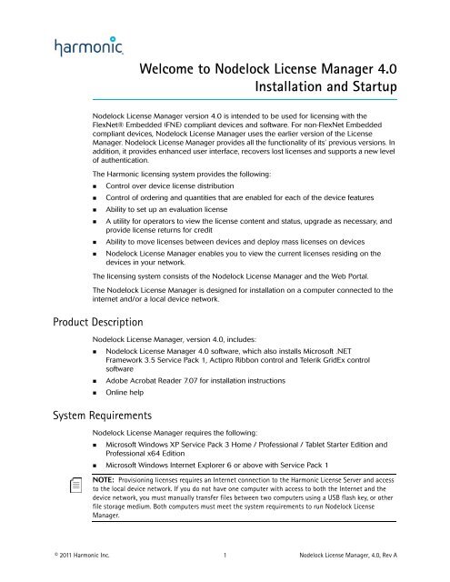 Nodelock License Manager 4.0 Installation and Startup - Harmonic Inc