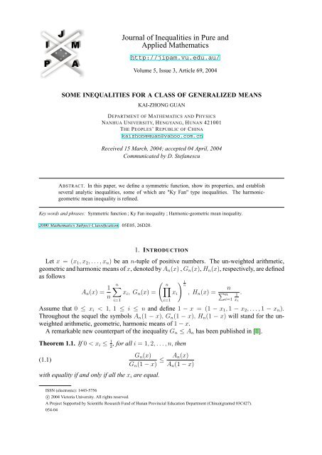 Some Inequalities for a Class of Generalized Means