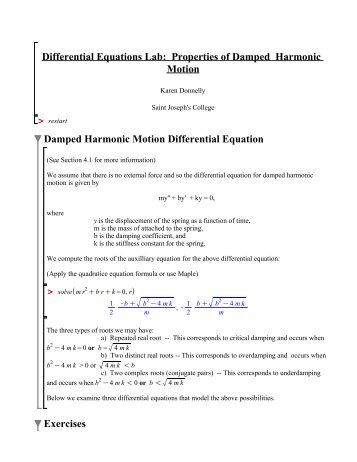 Differential Equations Lab: Properties of Damped Harmonic Motion ...