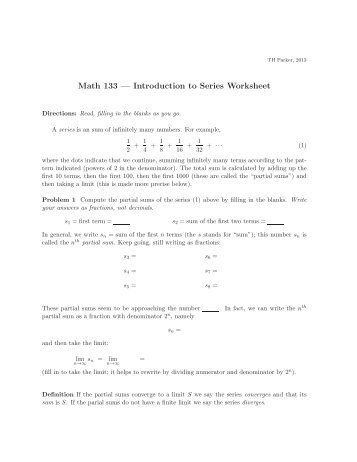 Math 133 — Introduction to Series Worksheet