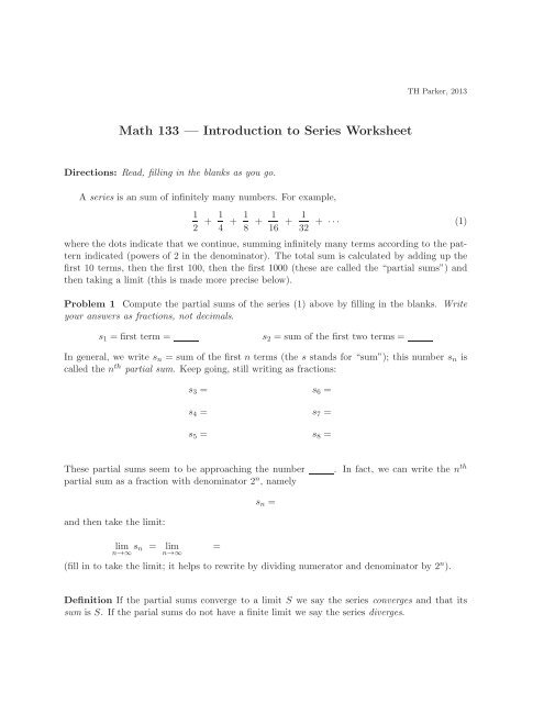 Math 133 — Introduction to Series Worksheet