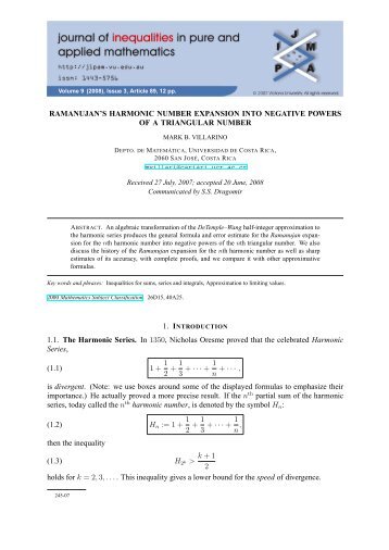 Ramanujan's Harmonic Number Expansion into Negative Powers of ...