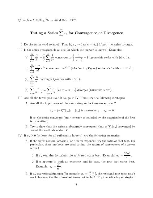Testing A Series An For Convergence Or Divergence Testing A Series An For Convergence Or Divergence