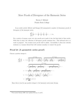 Proofs of Divergence of the Harmonic Series - Prairie State College