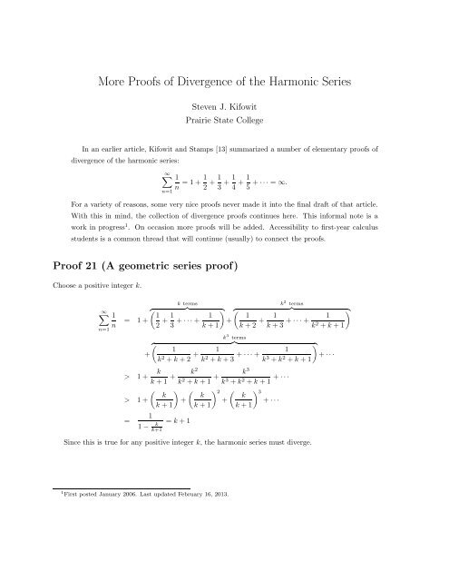 Proofs of Divergence of the Harmonic Series - Prairie State College