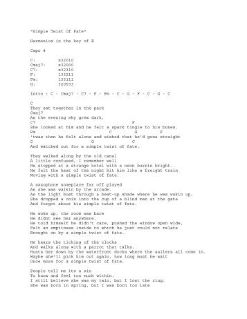 "Simple Twist Of Fate" Harmonica in the key of E Capo 4 C: x32010 ...