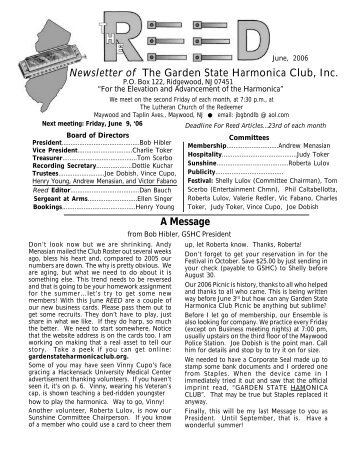 Newsletter of The Garden State Harmonica Club, Inc. A Message