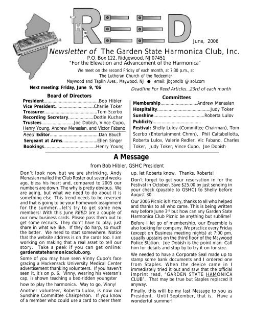 Newsletter of The Garden State Harmonica Club, Inc. A Message